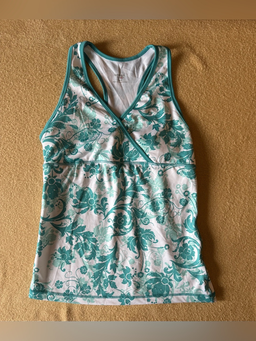 Danskin Now White & Teal Floral Wrap Racerback Tank